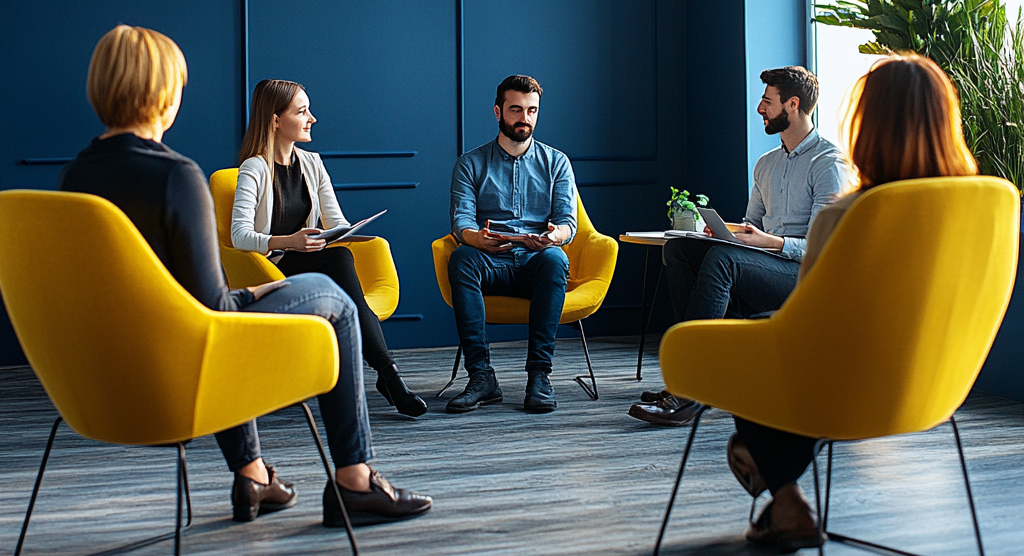 Üzleti csapat team coaching ülésen, fejlesztő együttműködés és kommunikáció egy coaching alkalmon