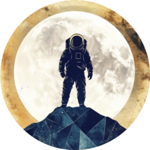 Coaching logó: űrhajós sziluettje hegycsúcson áll a telihold előtt – a személyes fejlődés, felfedezés és célirányos haladás szimbóluma a Dream Coaching Lab arculatában.