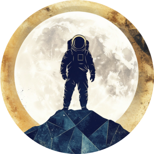 Coaching logó: űrhajós sziluettje hegycsúcson áll a telihold előtt – a személyes fejlődés, felfedezés és célirányos haladás szimbóluma a Dream Coaching Lab arculatában.